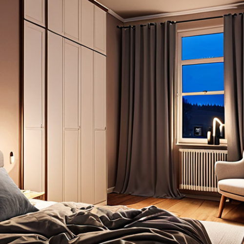 **Image:** A cozy Swedish bedroom at night. Focus on creating a relaxing and inviting atmosphere. Include blackout curtains, a comfortable-looking bed with high-quality pillows, and soft, ambient lighting from a bedside lamp. Maybe a glimpse of a calming app on a smartphone screen. The overall tone should convey peacefulness and encourage sleep.