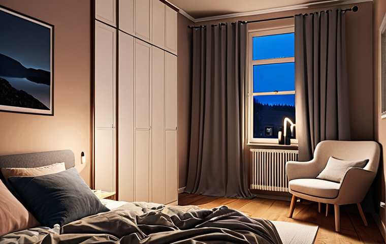 **Image:** A cozy Swedish bedroom at night. Focus on creating a relaxing and inviting atmosphere. Include blackout curtains, a comfortable-looking bed with high-quality pillows, and soft, ambient lighting from a bedside lamp. Maybe a glimpse of a calming app on a smartphone screen. The overall tone should convey peacefulness and encourage sleep.