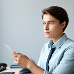 A young adult, gender-neutral, with a thoughtful and slightly concerned expression, in modest, professional business casual attire. They are in a clean, modern home office setting with soft, diffused lighting, conveying a sense of quiet internal focus. fully clothed, modest clothing, appropriate attire, professional dress, safe for work, appropriate content, family-friendly, perfect anatomy, correct proportions, natural pose, well-formed hands, proper finger count, natural body proportions, professional photography, high quality, sharp focus.