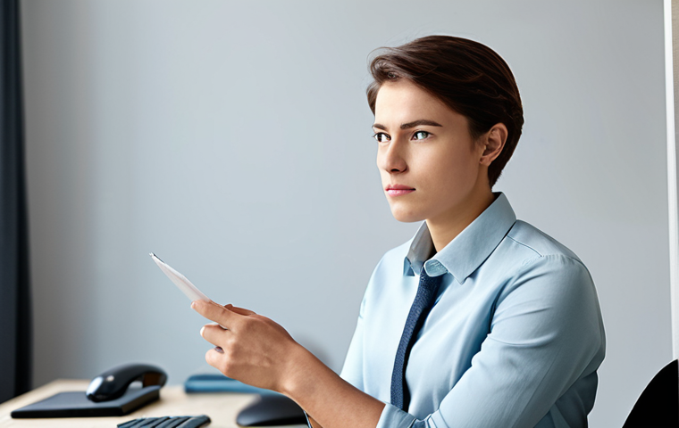 A young adult, gender-neutral, with a thoughtful and slightly concerned expression, in modest, professional business casual attire. They are in a clean, modern home office setting with soft, diffused lighting, conveying a sense of quiet internal focus. fully clothed, modest clothing, appropriate attire, professional dress, safe for work, appropriate content, family-friendly, perfect anatomy, correct proportions, natural pose, well-formed hands, proper finger count, natural body proportions, professional photography, high quality, sharp focus.
