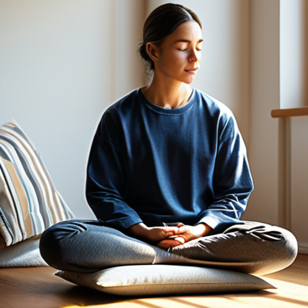Serene Mindfulness Practice**

"A person practicing mindfulness meditation in a cozy, sunlit room, sitting comfortably on a cushion, fully clothed in comfortable clothing, natural pose, safe for work, perfect anatomy, soft lighting, family-friendly, appropriate content, professional."

**