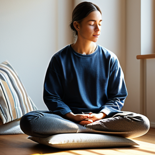 Home 7 Serene Mindfulness Practice**
"A person practicing mindfulness meditation in a cozy, sunlit room, sitting comfortably on a cushion, fully clothed in comfortable clothing, natural pose, safe for work, perfect anatomy, soft lighting, family-friendly, appropriate content, professional."
**