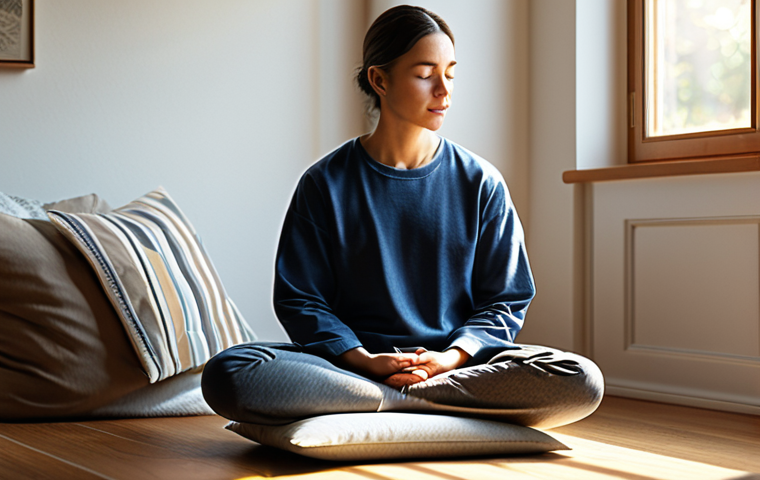 Serene Mindfulness Practice**
"A person practicing mindfulness meditation in a cozy, sunlit room, sitting comfortably on a cushion, fully clothed in comfortable clothing, natural pose, safe for work, perfect anatomy, soft lighting, family-friendly, appropriate content, professional."
**